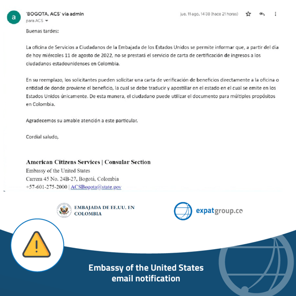 Official notification from U.S. Embassy by email