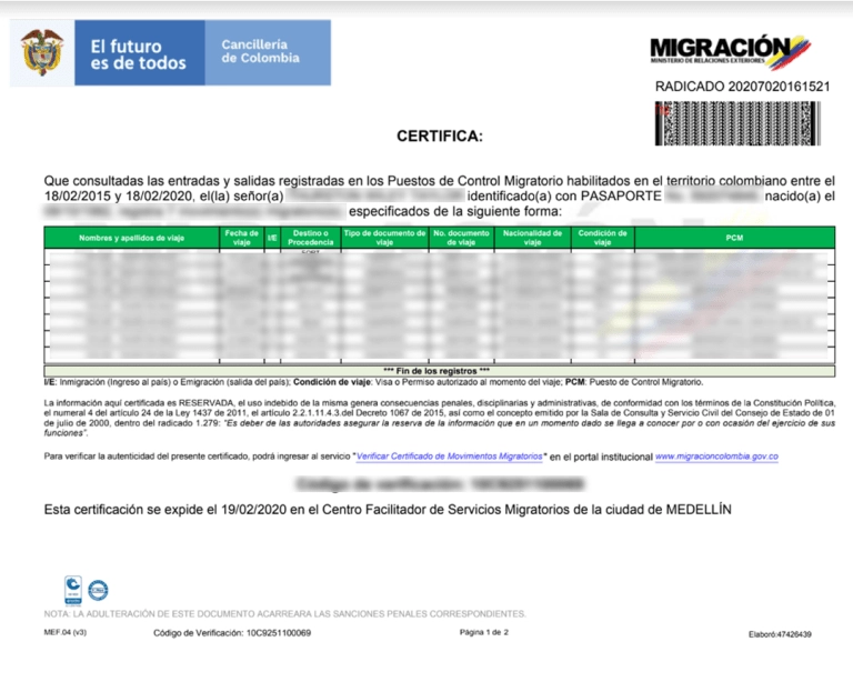 Certificado de Movimientos Migratorios