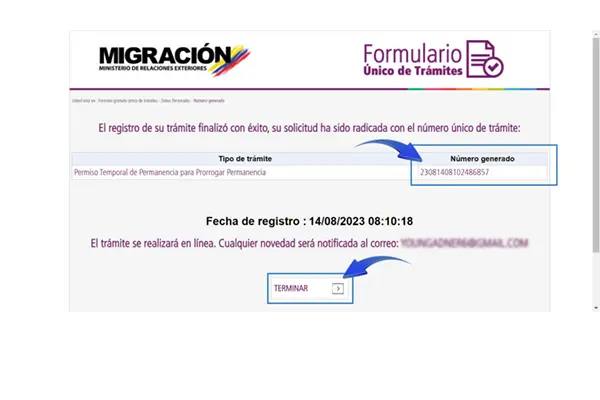 Guarda el número generado y haz clic en TERMINAR - Extiende tu sello de turista y permanece en Colombia.