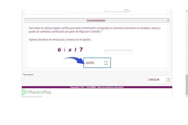 Ingrese el código captcha y haga clic en ACEPTO - Extienda su sello de turista y permanezca en Colombia