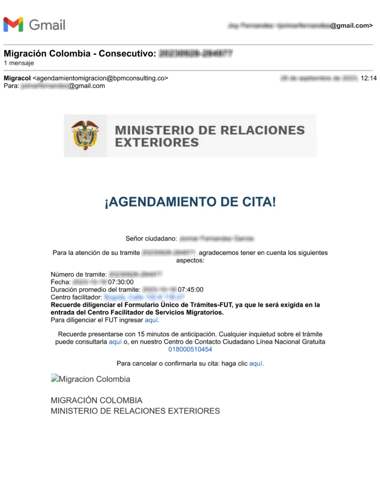 Confirmación de cita por correo electrónico