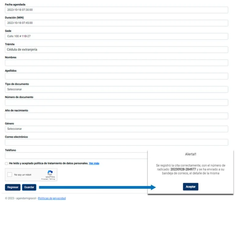 Información personal para la cita