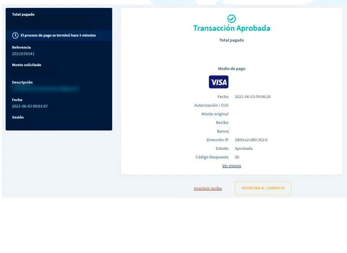 Recibo de pago con tarjeta de crédito
