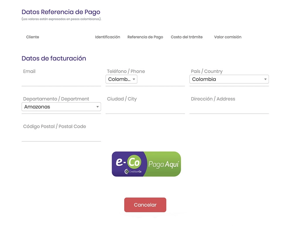 Datos de facturación para el pago del visado