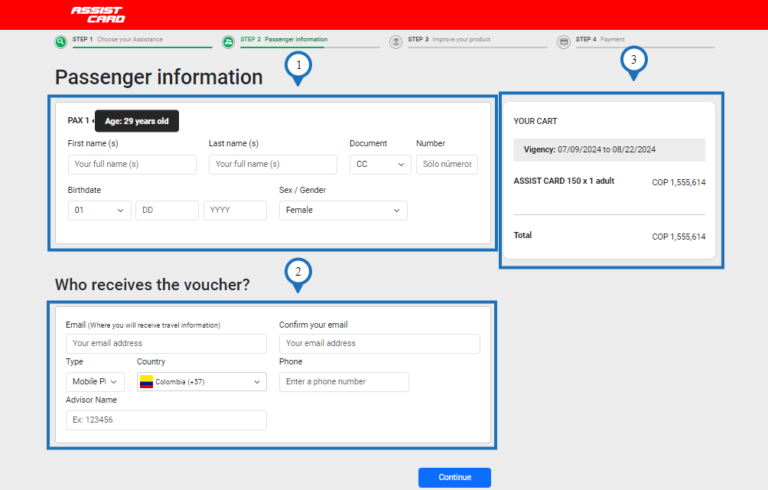 Información de pago de Assist Card