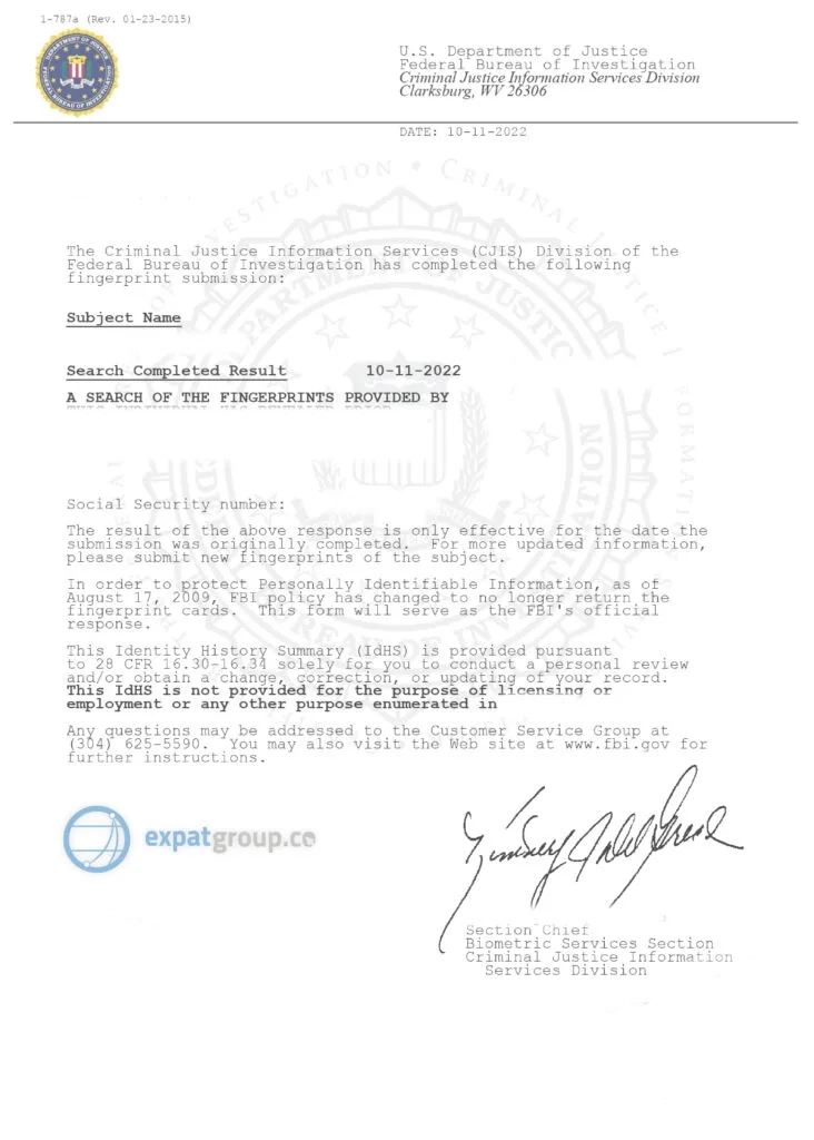 Muestra de documento de certificado de antecedentes penales del FBI