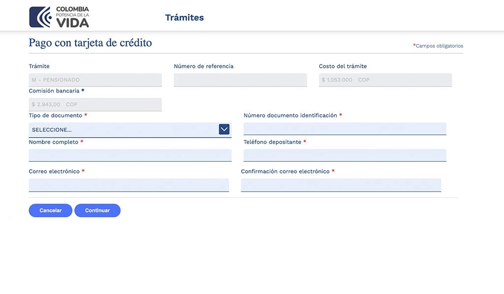 Rellene los datos necesarios para el pago del visado