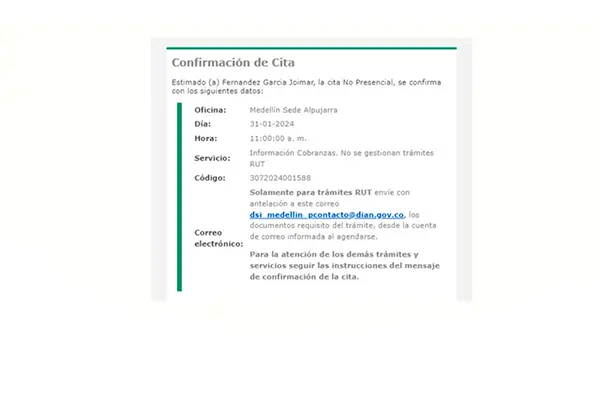 Confirmación del correo electrónico - Cita para el RUT colombiano