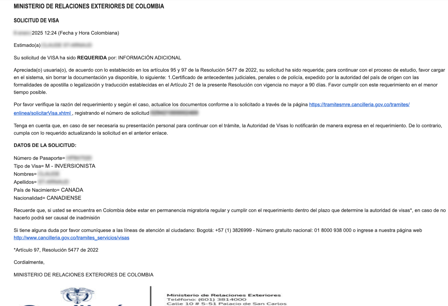 Prueba de requerimiento - FBI Background Check solicitado para aplicación de visa de inversionista en Colombia