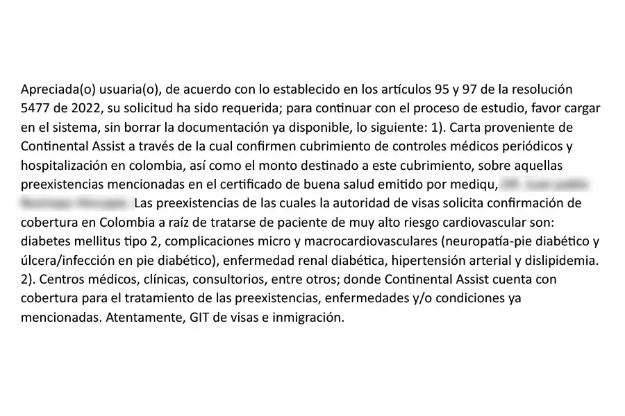 Prueba de que el Ministerio de Relaciones Exteriores exige cobertura para condiciones preexistentes