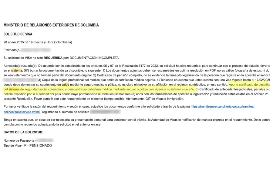 Requisito del Ministerio de Relaciones Exteriores exigiendo la desafiliación de la EPS colombiana para solicitar visa.