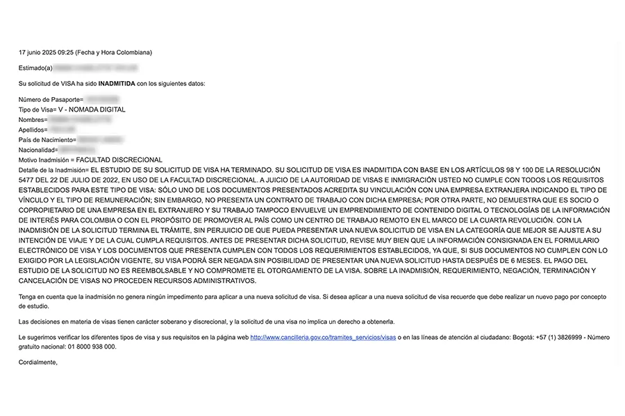 Ejemplo de inadmisión por falta de claridad respecto al vínculo entre el aplicante y la empresa
