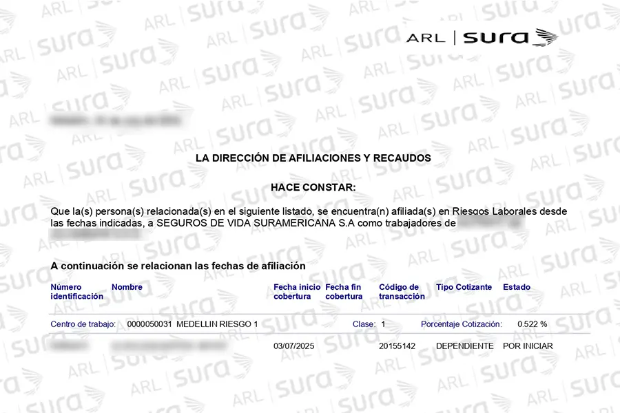 ARL Affiliation (Occupational Risk Insurer) in Colombia