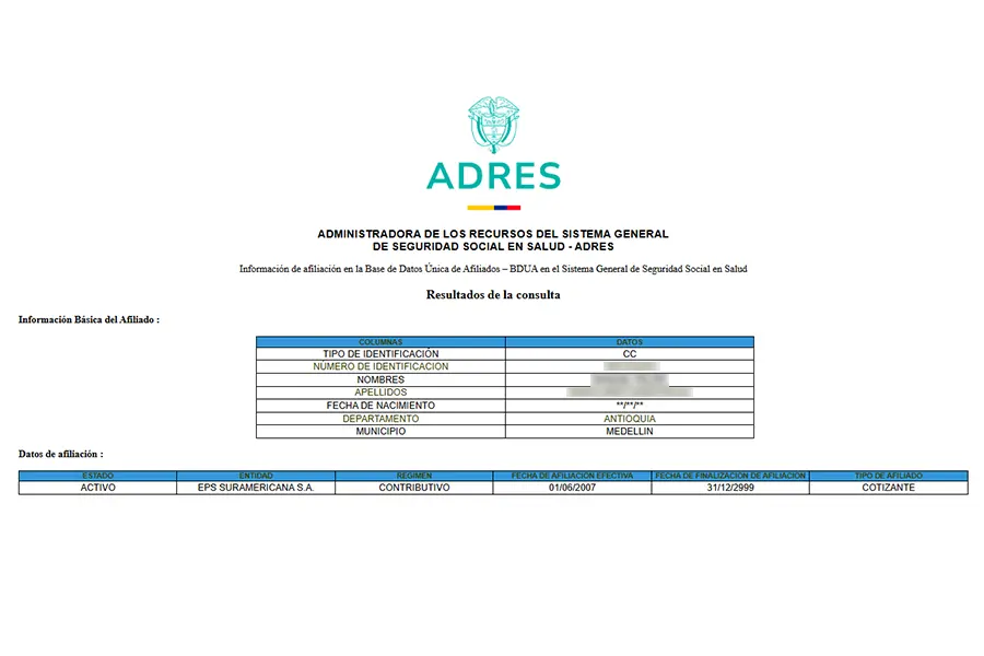 Affiliation information in ADRES (Administrator of Resources of the General Social Security System in Health)