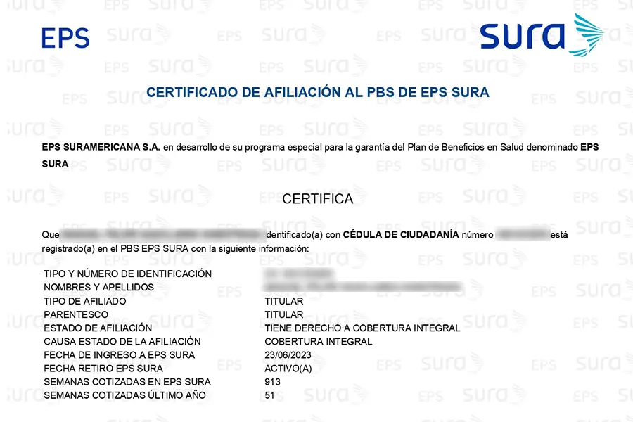 EPS Sura affiliation certificate in Colombia