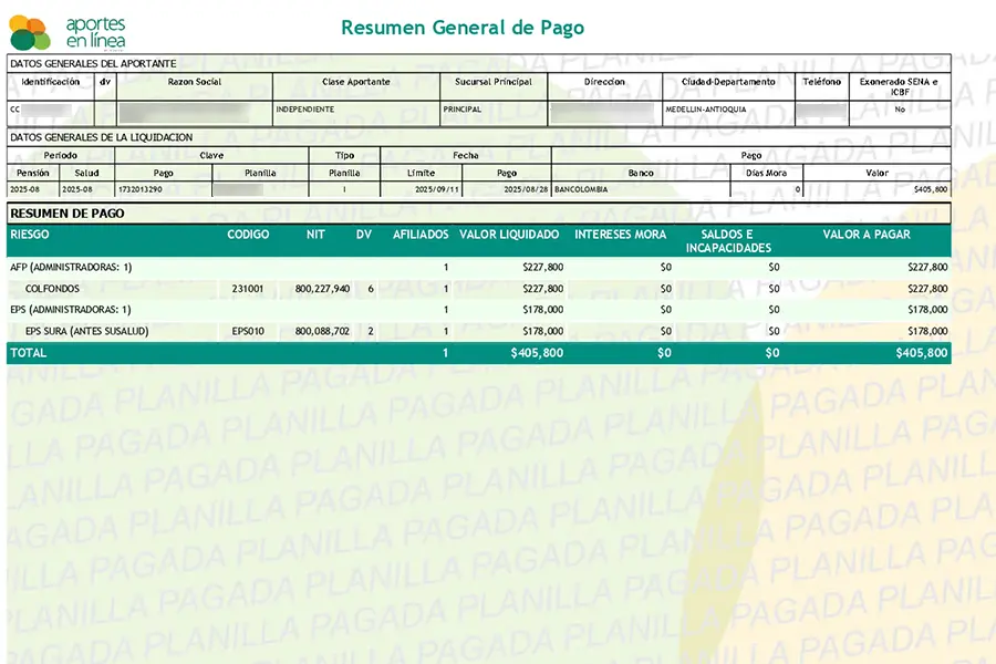 Payroll format made through the online contributions platform aportes en línea