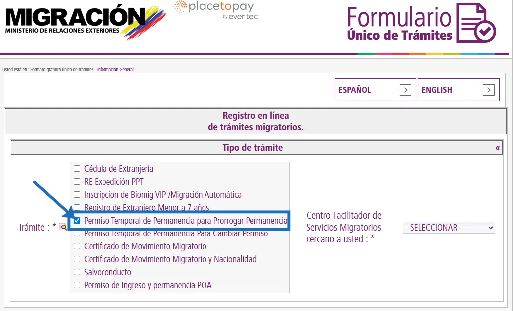 Select the option "Permiso Temporal de Permanencia para prorrogar Permanencia"