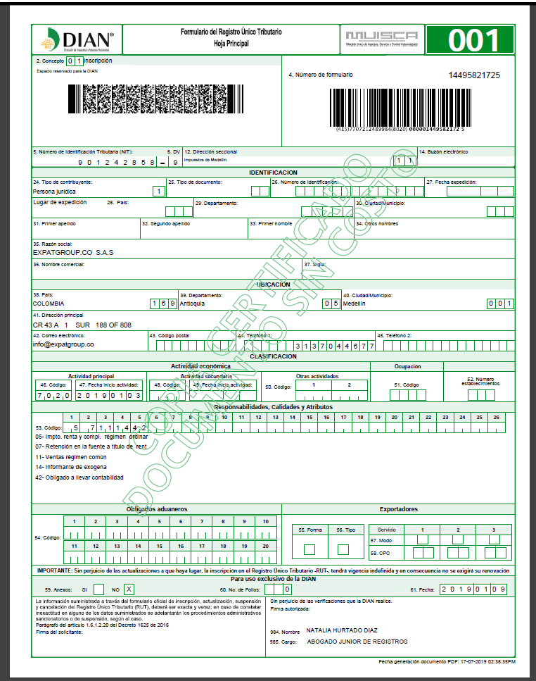 RUT, Unique Tax Number registration form
