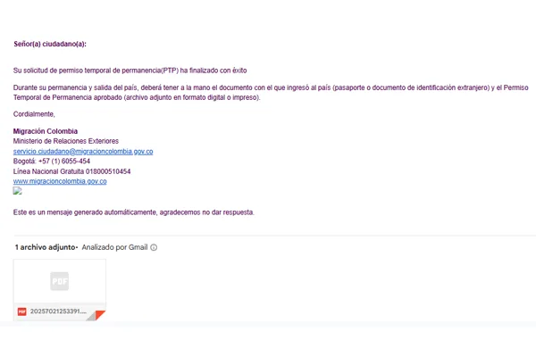 Visual of the email sent by Migración Colombia with your Tourist Stamp Extension approved