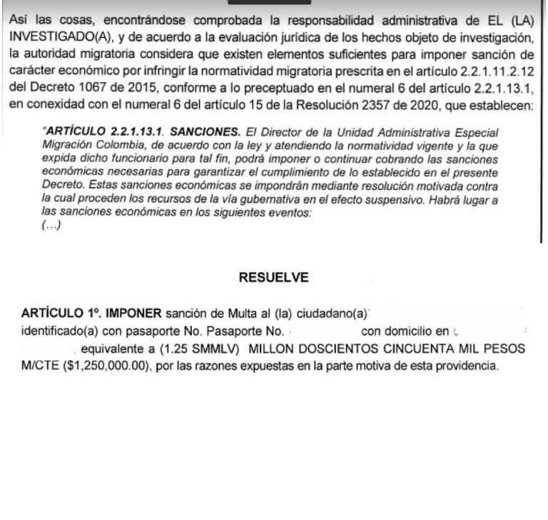 Sample fine for irregular stay in Colombia