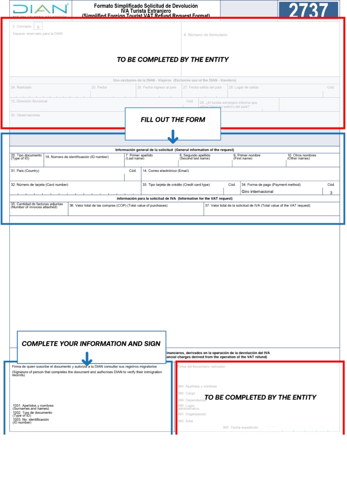 Application form for IVA tax return 2737 for Non-Resident foreign tourists in Colombia