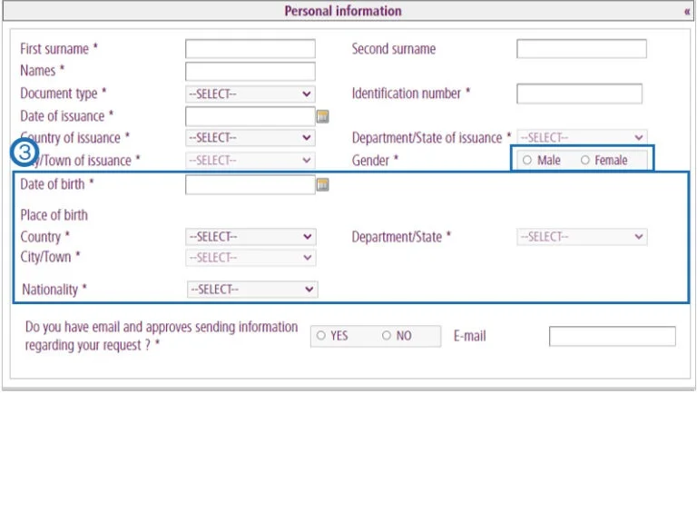 Complete the gender, date and place of birth