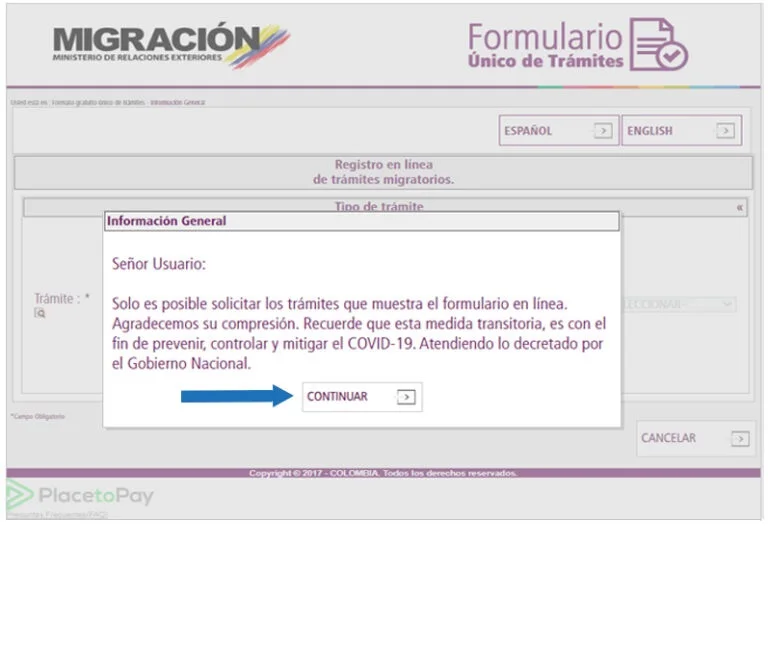 Form Migración Colombia initial step