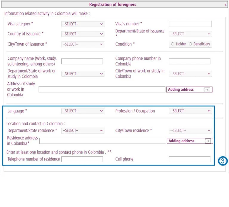 Language, profession, address, and phone number