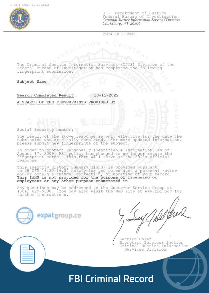 Sample of FBI Criminal Record Certificate