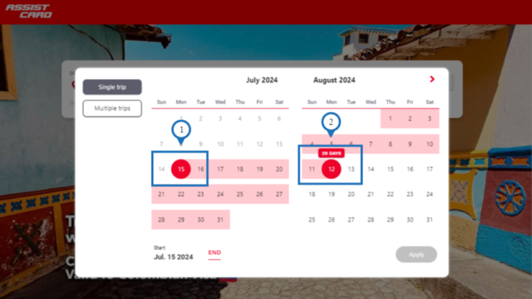 Choose the dates to obtain a quote for your health insurance