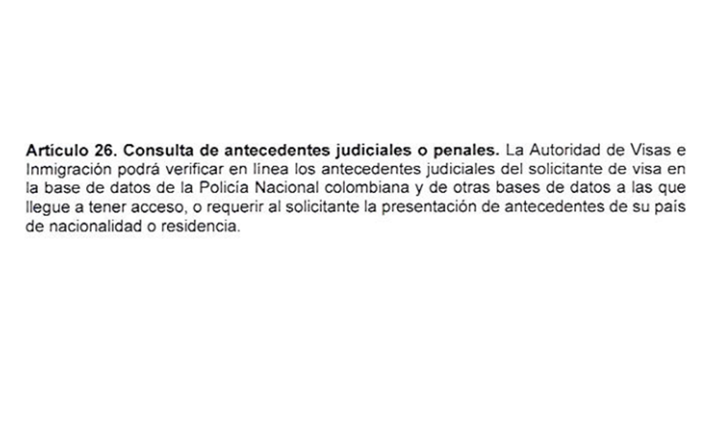 Article 26 about background check for Colombian visas Resolution 5477 of 2022