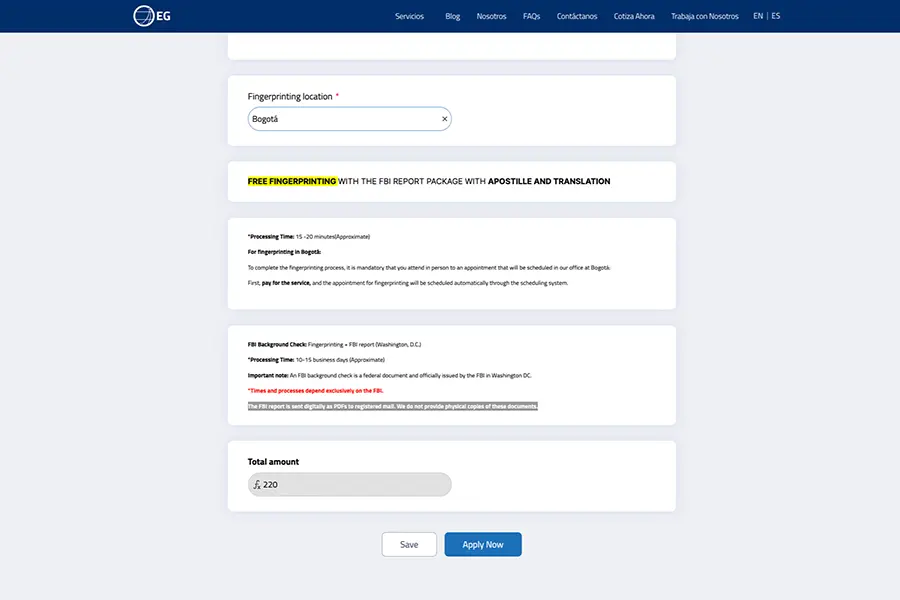 Fingerprinting service payment form in Bogota