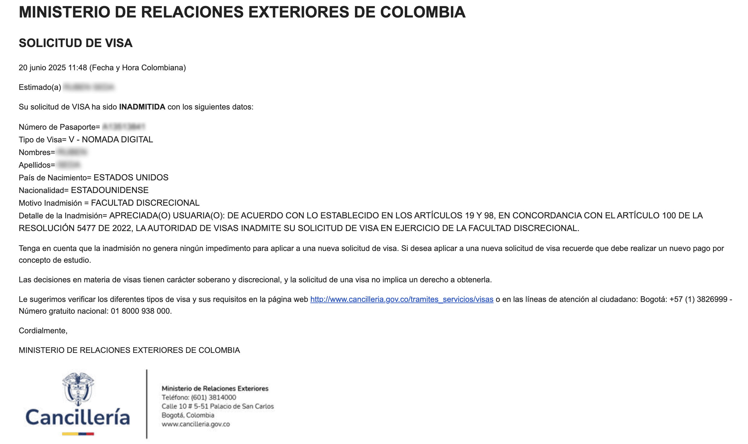 Proof of visa rejections due to inadmissibility for digital nomads